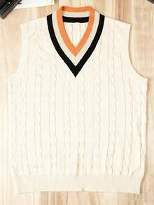 ALTZTAR Men's Collegiate Style Patchwork Cable Knit V-Neck Sweater Vest - Apricot - View 2