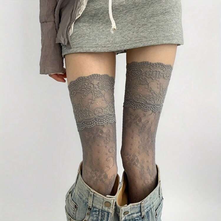 1 Pair Of Elegant Gothic Lace Over-The-Knee (OTK) Fishing Net Socks For Ladies - Transparent Pantyhose With Ruffles And Striped Patterns, Comfortable Support Design, Suitable For Casual, Party And Daily Wear - Sexy Statement Leg Accessories With Lace Details, Hand Wash Or Dry Clean, Spring And Summer Season Multi-Functional For Home, Outdoor And Party Use (Black/White) - Suitable For Theme Events And Daily Use, Sexy Stockings For Women | SHEIN USA