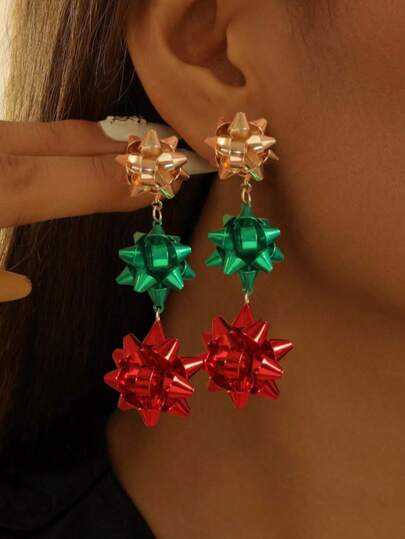 3pcs/Set Colorful Metal Christmas Bow Design Long Dangle Earrings, Classic Holiday Style, Cute Christmas Night Gift