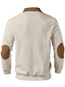 Men's Contrast Color Design Casual Stand Collar Pullover - White Ribbed Brown Splice, Thick Warm Pullover, Stand Collar Zipper Design, Suitable For Casual, Fashion, Simple, Versatile Outings And Commuting Long Sleeve Personalized Pullover - Apricot - View 2