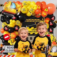 128pcs Construction Truck Themed Balloon Garland Arch Set, Including Excavator, Crane Foil Balloons And Black, Orange And Yellow Latex Balloons. Perfect For Birthday Parties, Baby Showers, First Birthday Parties, Outdoor Parties, Cartoon Excavator Themed Parties.