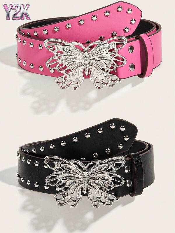 Y2K Schmetterling Leder Nieten Gürtelschnalle: Stilvoller, schicker, süßer und coole Mädchen Gürtel; einzigartiges und vielseitiges Taillenzubehör; Nischendesign.