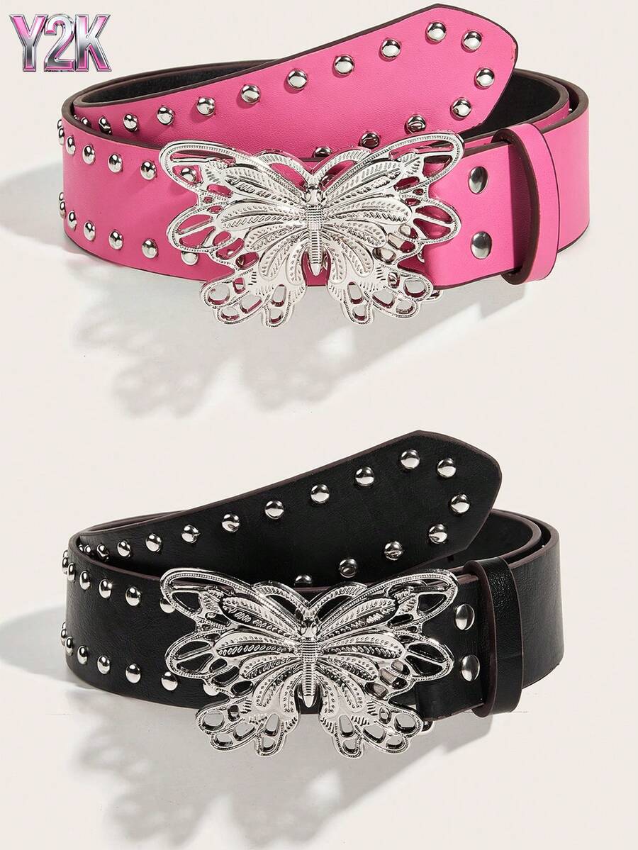 Y2K Schmetterling Leder Nieten Gürtelschnalle: Stilvoller, schicker, süßer und coole Mädchen Gürtel; einzigartiges und vielseitiges Taillenzubehör; Nischendesign.