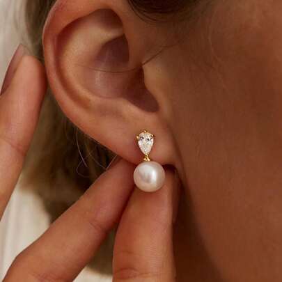 14k Gold Plated CZ Pearl Bridal Earrings, Low Allergy Gold Plated Earrings, Elegant Wedding Bride Pearl Jewelry For Women