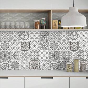10pcs/20pcs Elegant Floral Pattern Kitchen Wall Stickers, Bohemian Style, Self-Adhesive Waterproof Wall Decals, Home Decor Tile Stickers For Kitchen, Bathroom, Living Room And Bedroom