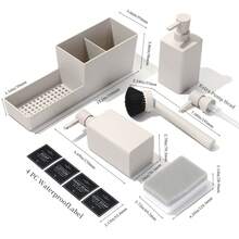 Kitchen Soap Dispenser Set With Sponge Holder And Brush For Sink Rack Hand Soap And Dish Soap Dispensers Beige - Beige - View 6