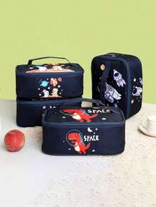 Cartoon Print Insulated Lunch Handbag, Cartoon Astronaut Animal Pattern Thermal Bag Portable Lunch Box Lunch Box Bag Student Office Worker With Rice Bag Lunch Bag Aluminum Foil Thermal Insulation Cold Rectangular Rice Bag,Lightweight Zipper Bento Bag, Suitable For Picnic & Work & School !