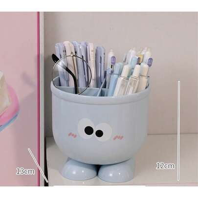 可爱卡通脸大容量笔筒 - 办公桌收纳盒，可收纳钢笔、马克笔和文具，便携式设计，适合学生和办公室使用，蓝粉配色，印有俏皮可爱的笑脸，办公用品及配件，办公桌配件，桌面配件，办公配件