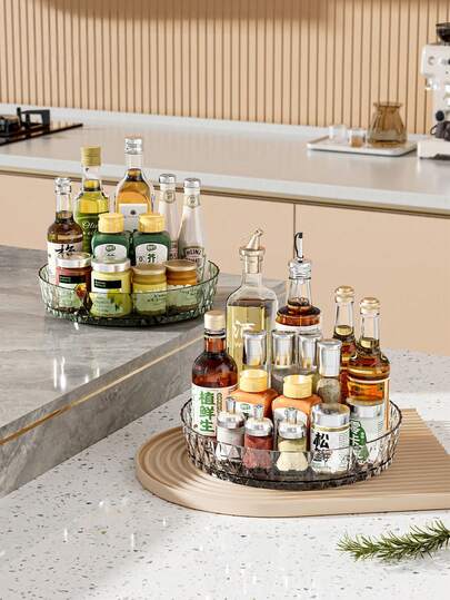 1pc Kitchen Multi-Functional Rotating Storage Rack For Spices And Seasonings, Transparent Color, Spice Bottle Organizer, Rotating Tray