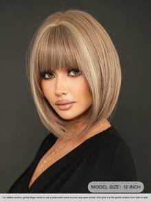 7JHH WIGS 12 Inch Flaxen Brown Short Straight Hair Wig For Women, Highlight Beige Hair Elegant Bob Wig With Bangs, Synthetic Fiber Full Machine Fake Hair For Daily Wear, Music Festivals Celebrations & Streetwear Special Use, Party Wigs Accessory - 挑染米色 - 查看 4