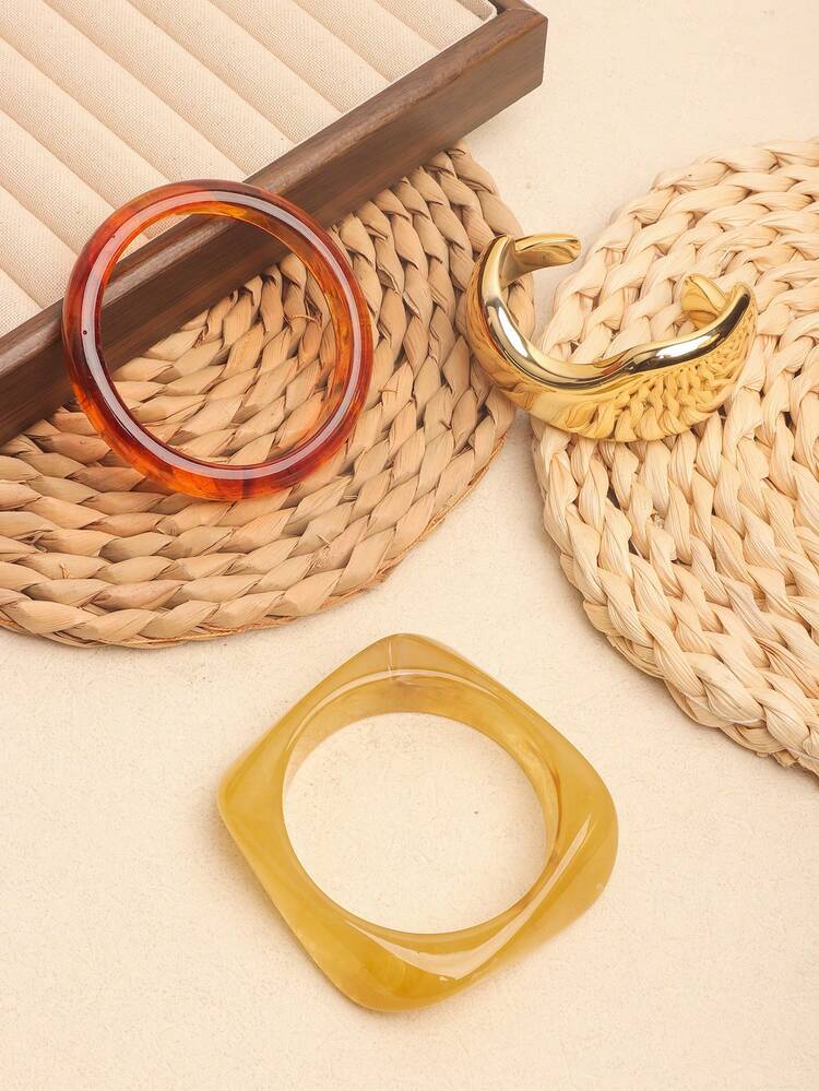 3pcs Set Bohemian Style Vintage Resin Bracelet Set For Women, Asymmetrical Geometric Design, Boho Layered Bangle, Party/Holiday Accessories - 3-piece Set - View 5