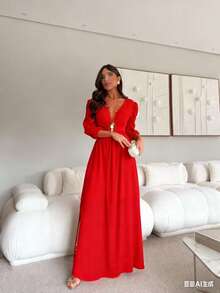 Women's Chiffon Dress With A V-Neck, Lining, Rings, And Cords At The Back. - 紅色 - 查看 1