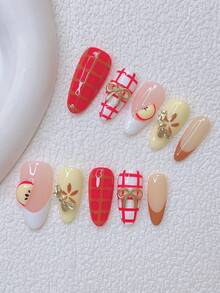 10 Peças Conjunto de Unhas Almendradas Autoadesivas Estilo Y2K - Artesanais, Unhas Rosas, Unhas Amarelas, Unhas Francesas Brancas, Fatias de Maçã 3D Feitas à Mão, Design Xadrez Vermelho e Branco Desenhado à Mão, Flor Marrom Desenhada à Mão, Arte de Unhas Xadrez, Decoração de Laço Dourado Cintilante, Unhas Delicadas e Fofas - Perfeitas para Festas e Trajes Casuais - Multicolorido - Visão 11