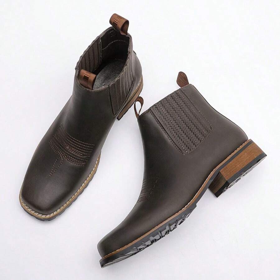Botas vaqueras de punta cuadrada para hombre, botas Chelsea de trabajo y casual resistentes a todo tipo de clima - Marrón Chocolate - Ver 1