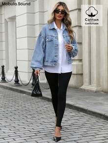 Mobula Sound# 百搭休闲时尚夏季，性感音乐节风格，轻松假日时尚，酷炫 Y2K 美学，年轻女性灯笼袖蓝色牛仔夹克 - 藏蓝色 - 查看 7