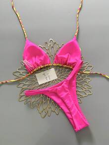 2 件波西米亚豹纹星星印花休闲可爱优雅性感扎染钩针撞色饰边比基尼泳装，海滩度假，春夏 - 玫紅色 - 查看 3