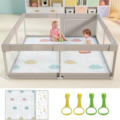 Baby box 150x150cm with mat, stevige, ademende baby box with 4 rings, beige XXL, ademende baby box