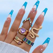 European And American Jewelry Rings Snake Heart Imitation Ins Style Five-Piece Ring Set Gemstone Ring - 19656 - bạc và xanh lá cây - Xem 2