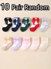 10双随机组合女童婴儿袜子，蝴蝶结装饰，袜口柔软蕾丝设计，可爱时尚，生日礼物 - 彩色 - 查看 10