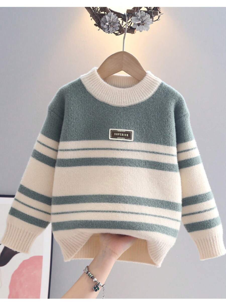 Young BoyStriped Knit Crew Neck Pullover Sweater, New Autumn/Winter Collection - Green - View 1