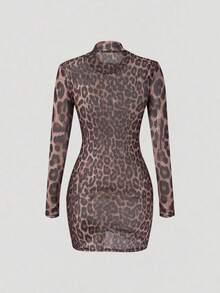 欧美风女装长袖短款连衣裙，豹纹半透明蕾丝设计迷你修身连衣裙，性感街头风时尚性感造型