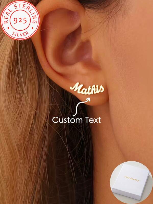 A Pair Of 925 Sterling Silver Customized Personalized Y2K Hip-Hop Style Name Earrings, Neutral Street Fashion Style Jewelry Accessories, Suitable For Various Occasions Such As Banquets, Parties, Music Festivals, Daily School Starts, Etc.