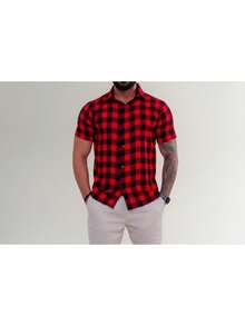 Men's Short-Sleeved Plaid Shirt For June Festivals, Viscose Linen - Đỏ - Xem 1