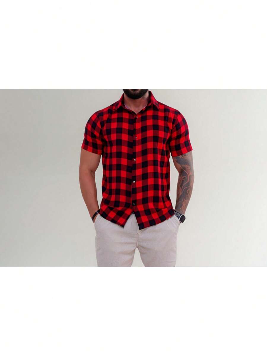 Men's Short-Sleeved Plaid Shirt For June Festivals, Viscose Linen - Đỏ - Xem 1