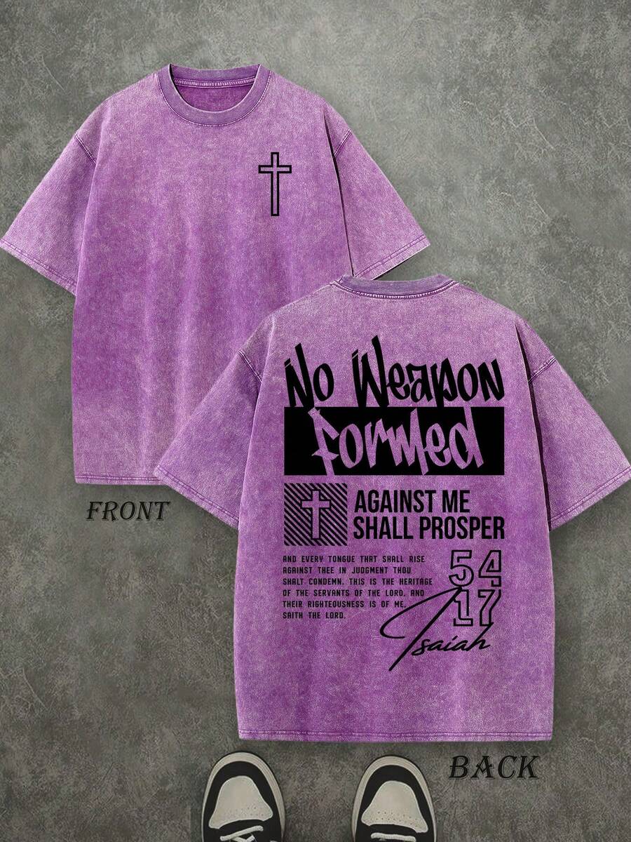 Retro Washed T-Shirt Double Sided Printed (230 Pure Cotton T-Shirt) 'No Weapon Formed Against Me Shall Prosper'  Letter And Cross Pattern Print,  Christian Gift, Mens TShirt, Mens Casual, Comfortable, Fashionable T-Shirt, Street Style Cotton - Màu Lilac Tím - Xem 1