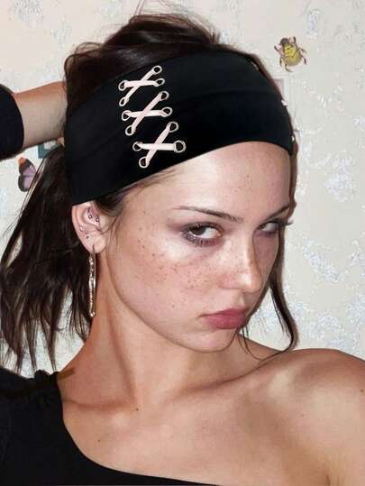 1pc Fashionable Punk Headband, Gothic Style, Soft & Non-Slip Elastic Hollow Design, Cross Ribbon For Beach, Holiday, Yoga Workout, Versatile For Daily Wear Hair Accessories Fashion Head Wrap, School Stuff, College, Headbands Autumn Accessories Women Hair Band Fall Winter For Vacation Outfits Woman Elegant Scarf Women Bandanas Soft Headwrap