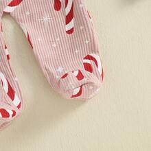 Newborn Baby Girl Christmas Romper Footie Gingerbread Candy Cane Long Sleeve Footed Jumpsuit Headband - Pink - View 8