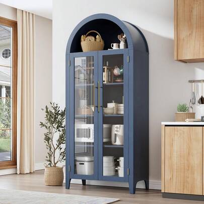 Arched Kitchen Pantry Storage Cabinet - Farmhouse 5 Tier Display Shelf With Adjustable Shelf And 2 Large Glass Doors, Versatile Cupboard For Kitchen, Dining Room, Living Room