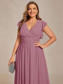Gaun Bridesmaid Berkerah V, Warna Polos, Pinggang Tinggi, Berlipit, Warna Pink, untuk Pesta Pernikahan Musim Semi/Panas - Dusty Pink - View 6