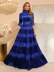 新款复古花卉刺绣镂空设计法兰绒长款连衣裙，高领长袖修身褶皱性感礼服，适合婚礼、派对、正式场合穿着。 - 藍色 - 查看 2