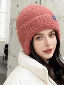 Women's New Knitted Beanie Hat, Autumn/Winter Furry Ear Warmer Hat, Korean Fashion Black Color Casual Polyester Embroidered Snowflake Skull Cap Winter New Unisex Snowflake Logo Thermal Lined Thick Soft No Brim Knitted Cap, Outdoor Cycling Sport Ear Warmer Hat, Windproof Cold-Proof Headwear, Thermal Beanie - Multicolor - View 21