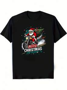1pc Camiseta de Navidad de Santa Claus para Hombre - Camiseta Gráfica de Santa Montando en Motocicleta, Camiseta de Cuello Redondo 100% Pesada para Entusiastas de las Motocicletas, Fiestas Navideñas, Regalos - Top Casual para Adultos, Ocasiones Festivas, Diseño Juguetón, Ajuste Cómodo, Ropa Temática, Compradores de Regalos, Santa Motocicleta, Camiseta de Navidad para Hombre, Camiseta de Hombre, Ropa de Gimnasio para Hombre, Ropa de Hombre, Camiseta de Gimnasio para Hombre - Negro - Ver 1