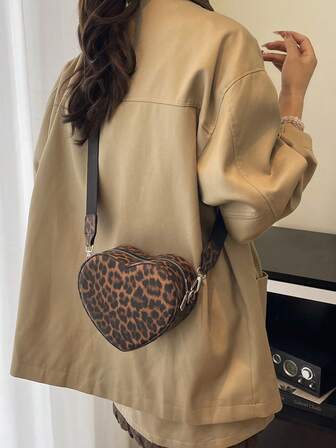 New Mini Fashion Retro Leopard Print Heart PU Shoulder With Zipper, Hundreds Of Casual Women's Crossbody Bag Y2K Cool Girl Purse For Shopping And Commuting