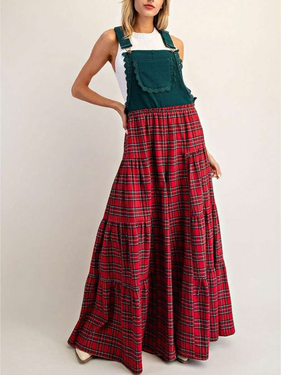 Womens Christmas Plaid Bibs Overalls Casual Loose Sleeveless Adjustable Straps Patchwork Wide Leg Pants Jumpsuit - 綠色 - 查看 1