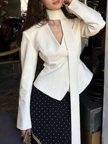 Women's Casual Minimalist Commuter Chic Shoulder Pad Tie-Up White Blazer Jacket, Elegant Simplistic For Daily Commute, Date, Valentine's Day, New Year, Spring - White - View 4