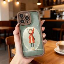 Cubierta de teléfono con borde negro y diseño de dibujos animados niña con abrigo rojo sobre luna llena fondo verde claro para uso diario en cafeterías y espacios casuales Aplicable a los teléfonos de la serie Apple y Galaxy - Negro - Ver 4