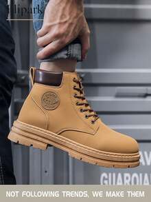 Flipark 1 Pair Vintage Cargo Style Thick Sole Lace-Up Men's Boots, Front Lace-Up, Yellow-Brown Leather, Round Toe High-Top, Suitable For Daily, Outdoor, Commuting, Work Boots