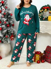 2pcs Plus Size Women Christmas Comfortable Pajama Set - Santa Claus & Snowflake Print, Long Sleeve Top With Elastic Waist Pants, Fall Winter Clothes