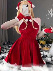 Full Set Solid Color Plush Cosplay Costume, Christmas - Red - View 3