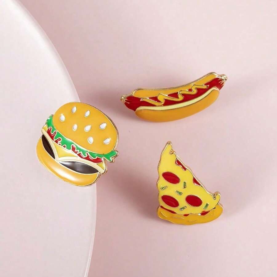 Cute Food Brooch Set Of 3 Pieces - Hamburger, Hot Dog And Pizza Enamel Alloy Pins, With Multiple Design Options, Add Fun Accessories To Your Clothes, Bags And Hats - 3個 - 查看 1