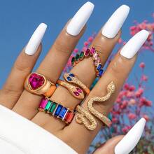 European And American Jewelry Rings Snake Heart Imitation Ins Style Five-Piece Ring Set Gemstone Ring - 19656 - bạc và xanh lá cây - Xem 1