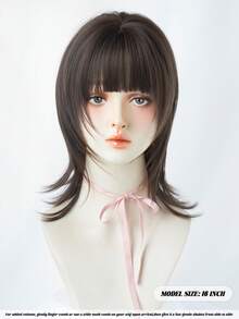 NAMM 16 英寸优质棕色狼剪短假发，适合带刘海的女性 - 深色发根，自然蓬松，非常柔软的合成耐热纤维头发，全机器制作的漂亮服装假发，适合女孩日常、万圣节假发、音乐节派对街头装、角色扮演动漫或服装使用（自然分层纹理且轻巧） - 棕色 - 查看 4