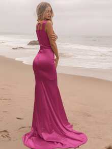 Basrey Váy phù dâu đuôi cá không tay màu trơn thanh lịch - Màu Hồng Tươi - Xem 5