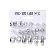 9 Pairs Fashion CCB Bowknot & Pearl Decor Lightweight Earrings, Suitable For Women's Daily Wear - Silver - View 4