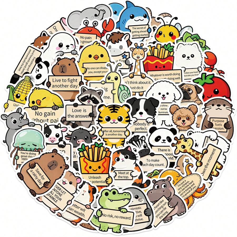 50pcs Motivational Emotional Animal Stickers, Decorative For Water Bottles, Phone Cases, Skateboards, Notebooks, DIY - Multicolor - View 1