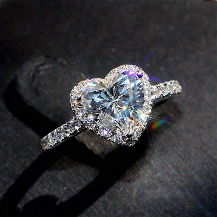 1PCs New European And American Ladies Ring Heart-Shaped Marriage Engagement Finger Ring Holiday - 銀色 - 查看 1